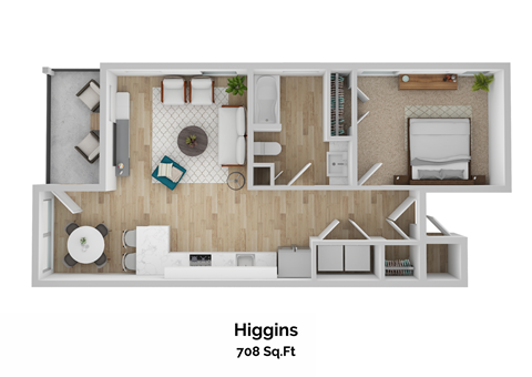 Floor plan for 1 bed, 1 bath, 708 sqft